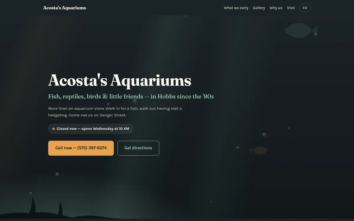 Homepage of the Acosta's Aquariums website