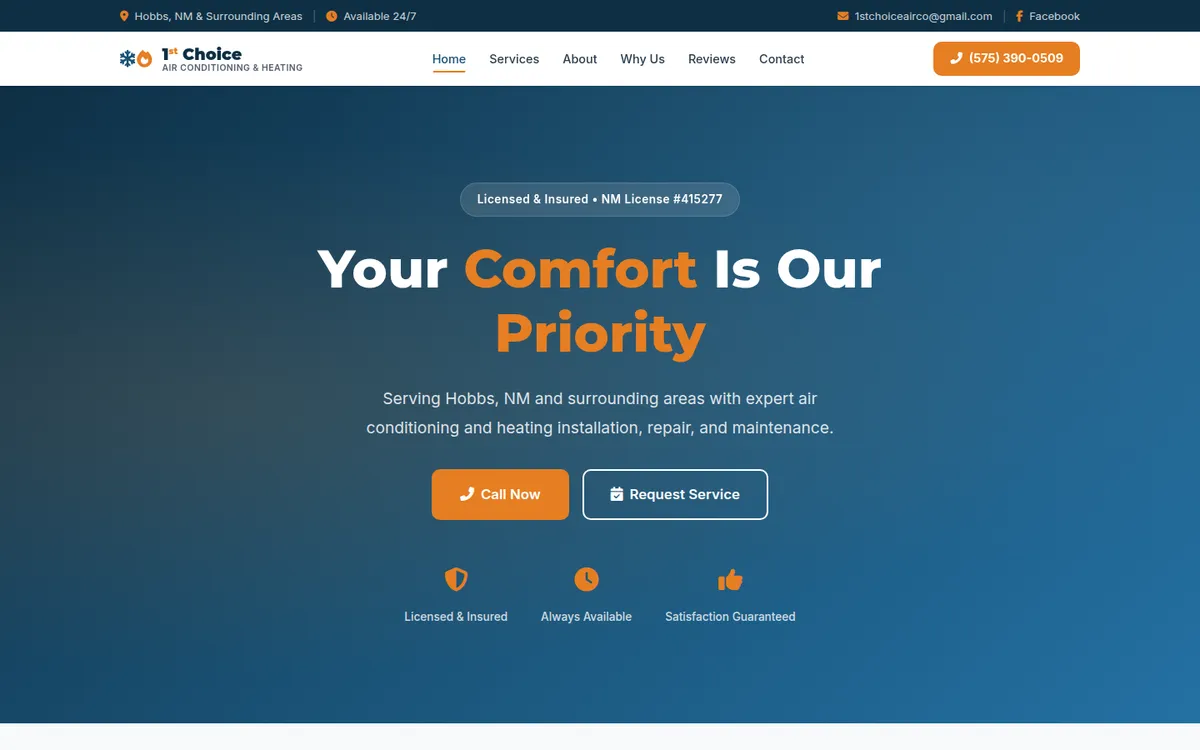 Homepage of the 1st Choice Air website