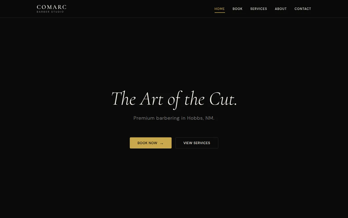 Homepage of the Comarc Barber Studio website