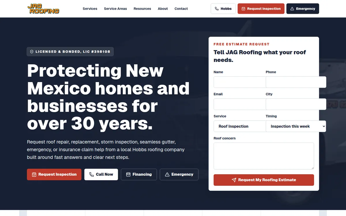 Homepage of the JAG Roofing website