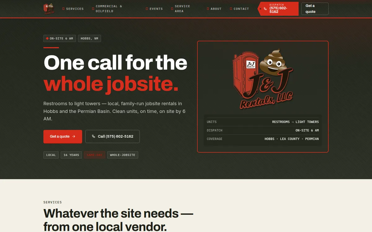 Homepage of the J & J Rentals website