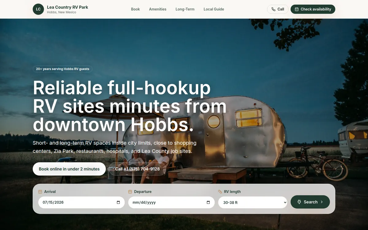 Homepage of the Lea Country RV Park website