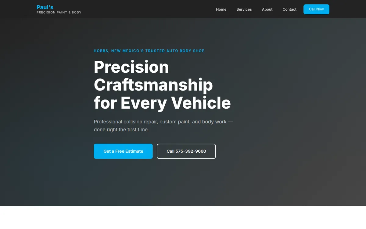Homepage of the Paul's Precision Paint & Body website