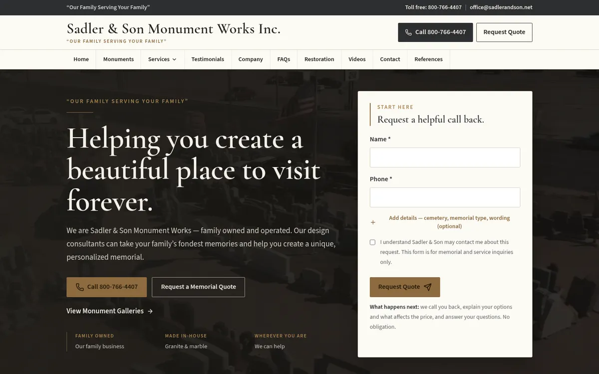 Homepage of the Sadler & Son Monument Works website